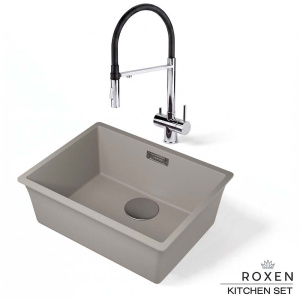 Комплект 2 в 1 кухонная мойка Roxen Gap 360270-54SG Storm Gray со смесителем Keit 500504CH-B