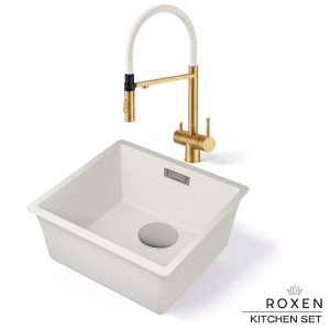 Комплект 2 в 1 кухонная мойка Roxen Gap 360270-44CW Cloud White со смесителем Keit 500504GB-W, 44х42, cloud white