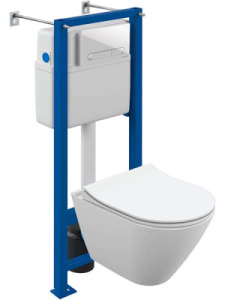 Комплект инсталляции Cersanit Vector с кнопкой Estetica 64109 / 64111 и унитазом City Smart CO DPL EO slim, белый глянцевый