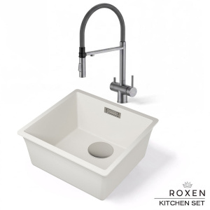 Комплект 2 в 1 кухонная мойка Roxen Gap 360270-44CW Cloud White со смесителем Keit 500504GM-GR