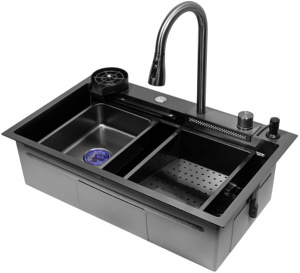 Кухонная мойка Arfeka Eco AR 75 Black PVD Nano / Nano Decor со смесителем, ринзером, двумя коландерами, разделочной доской и дозатором, 75х45, черный Nano