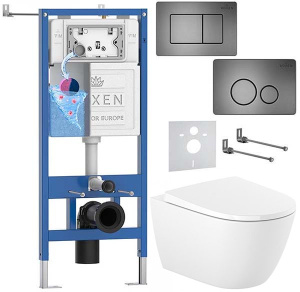 Комплект инсталляции Roxen StounFix Dual Fresh с креплениями, металлической кнопкой Steel и унитазом Roca Ona Rimless с крышкой Supralit Soft Close, круглые клавиши 420260G