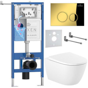 Комплект инсталляции Roxen StounFix Dual Fresh с удлиненными креплениями, кнопкой смыва в цвете золото и унитазом Roca Ona Rimless с крышкой Supralit Soft Close, круглые клавиши