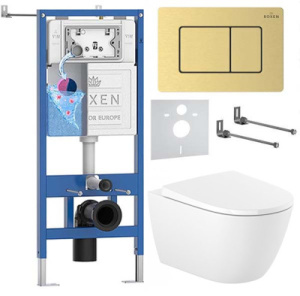 Комплект инсталляции Roxen StounFix Dual Fresh с креплениями, металлической кнопкой и унитазом Roca Ona Rimless с крышкой Supralit Soft Close, золото брашированное
