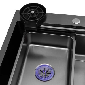Кухонная мойка Arfeka Eco AR 75 Black PVD Nano / Nano Decor со смесителем, ринзером, двумя коландерами, разделочной доской и дозатором, 75х45, черный Nano