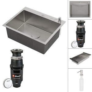 Кухонная мойка Roxen Simple с коландером, дозатором и измельчителем Bort Master Eco Control 93417999, 50х48, сатин