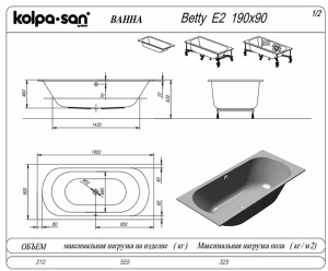 Акриловая ванна Kolpa-san Betty E2 со сливом по центру, 200х90