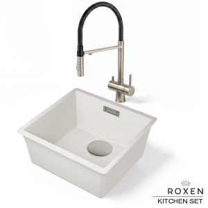 Комплект 2 в 1 кухонная мойка Roxen Gap 360270-44CW Cloud White со смесителем Keit 500504NB-B, 44х42, cloud white
