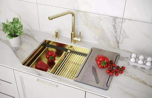 Кухонная мойка Paulmark Next-Multi Sink 58 UNI PM785845-LG с коландером, ролл-матом и разделочной доской
