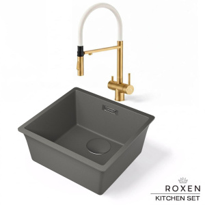 Комплект 2 в 1 кухонная мойка Roxen Gap 360270-44NG Nardo Gray со смесителем Keit 500504GB-W