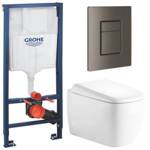 Комплект инсталляции Grohe Rapid SL 38772001 с брашированной кнопкой и подвесным унитазом Roxen Martin 530220-02, оружейная сталь