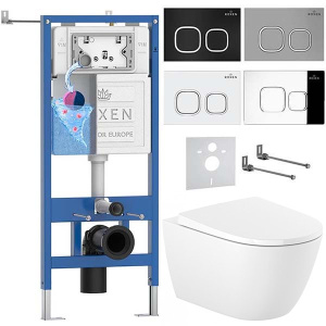 Комплект инсталляции Roxen StounFix Dual Fresh с удлиненными креплениями, аромадозатором, кнопкой Santi 410280 и унитазом Roca Ona Rimless с крышкой Supralit Soft Close, белый глянец