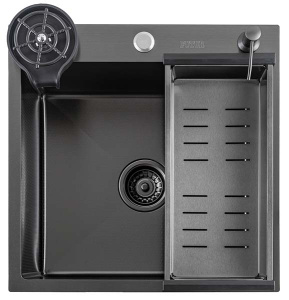 Кухонная мойка Avina Futur FK Eco Embossing Pop-up Rinzer Plus Black Nano с дозатором, коландером и ринзером, 50х50, графит