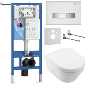 Комплект инсталляции Roxen StounFix Dual Fresh с удлиненными креплениями, аромадозатором, кнопкой смыва Glass 430280 и унитазом Villeroy&Boch Architectura 4694HR01, белый