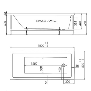 Акриловая ванна 1AcReal Palermo в комплекте с каркасом и экраном, 180х80
