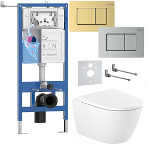 Комплект инсталляции Roxen StounFix Dual Fresh с креплениями, металлической кнопкой и унитазом Roca Ona Rimless с крышкой Supralit Soft Close, золото брашированное