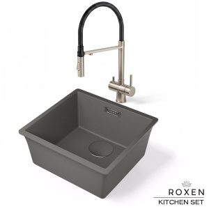 Комплект 2 в 1 кухонная мойка Roxen Gap 360270-44NG Nardo Gray со смесителем Keit 500504NB-B, 44х42, nardo gray