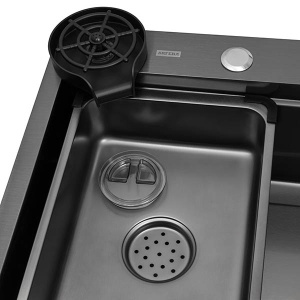 Кухонная мойка Arfeka AF 75 Black PVD Nano со смесителем, ринзером, двумя коландерами, разделочной доской и дозатором