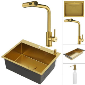 Кухонная мойка Roxen Simple 560220-60G PVD (gold) с коландером, дозатором и смесителем Shevanik S263G с выдвижным изливом, 60х48, золото