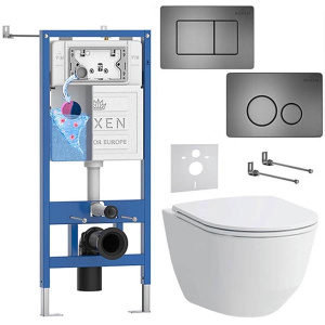 Комплект инсталляции Roxen StounFix Dual Fresh с удлиненными креплениями, аромадозатором, металлической кнопкой Steel и унитазом Laufen Pro Rimless, прямоугольные клавиши 420280G