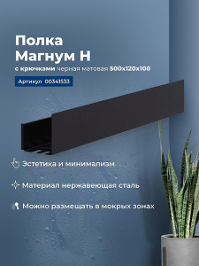 Полка Aquanet Магнум Н с крючками черный матовый 50 / 70 / 90, 50, черный матовый