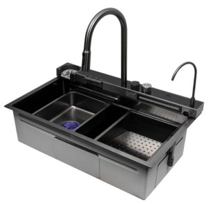 Кухонная мойка Arfeka Sensor Eco AR 75 Black Nano со смесителем, ринзером, двумя коландерами и разделочной доской