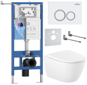 Комплект инсталляции Roxen StounFix Dual Fresh с удлиненными креплениями, аромадозатором, кнопкой смыва Santi 410260 и унитазом Roca Ona Rimless с крышкой Supralit Soft Close, белый глянец