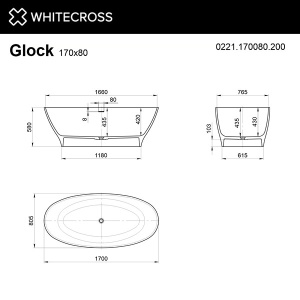 Ванна из искусственного камня Whitecross Glock белый матовый Solid Surface, 170х80, белый матовый