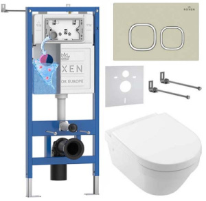 Комплект инсталляции Roxen StounFix Dual Fresh с удлиненными креплениями, аромадозатором, бежевой кнопкой смыва и унитазом Villeroy&Boch Architectura 4694HR01, клавиши мягкий квадрат