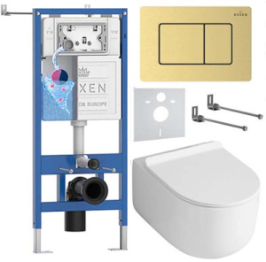 Комплект инсталляции Roxen StounFix Dual Fresh с креплениями, металлической кнопкой и унитазом Asten Readle Stella Tornado AR1065, золото брашированное