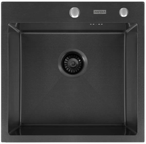 Кухонная мойка Arfeka Eco AR 50 Black / Black Decor / Black Decor Millet Grains / Black Nano Decor Volcanic Rock с коландером и дозатором, 50х50, черный