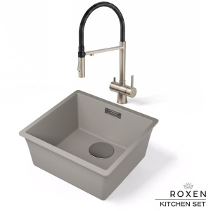 Комплект 2 в 1 кухонная мойка Roxen Gap 360270-44SG Storm Gray со смесителем Keit 500504NB-B, 44х42, storm gray