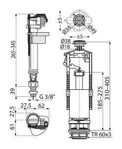 Выпускной комплект AlcaPlast со стоп-кнопкой, впускной механизм SA2000SK 3/8" CHROM