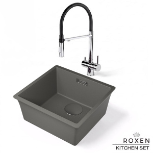 Комплект 2 в 1 кухонная мойка Roxen Gap 360270-44NG Nardo Gray со смесителем Keit 500504CH-B