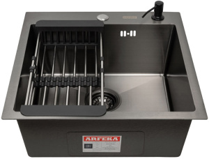 Кухонная мойка Arfeka Eco AR 50 Black со смесителем Japeto, коландером и дозатором