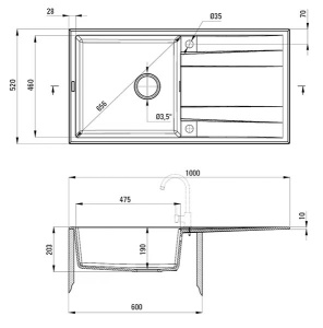 Кухонная мойка Deante Eridan ZQE-A713 / ZQE-G713 / ZQE-S713 / ZQE-T713 / ZQE-N713, 100х52, алебастр