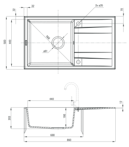 Кухонная мойка Deante Eridan ZQE-A113 / ZQE-G113 / ZQE-S113 / ZQE-T113 / ZQE-N113, 86х50/алебастр