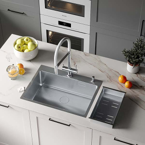 Кухонная мойка Roxen Simple 560220-70 с коландером и дозатором, 70х48, сатин