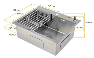 Кухонная мойка Axus LS-6050S с коландером, дозатором и держателем губки