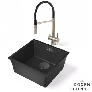 Комплект 2 в 1 кухонная мойка Roxen Gap 360270-44VB Vanta Black со смесителем Keit 500504NB-B, 44х42, vanta black
