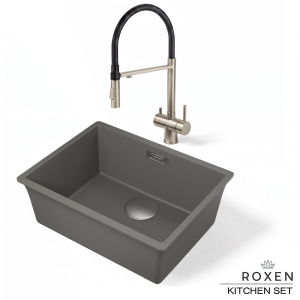 Комплект 2 в 1 кухонная мойка Roxen Gap 360270-54NG Nardo Gray со смесителем Keit 500504NB-B