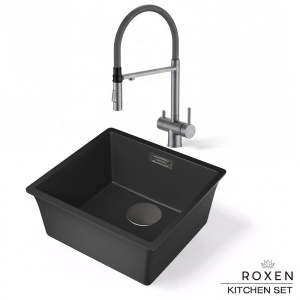 Комплект 2 в 1 кухонная мойка Roxen Gap 360270-44VB Vanta Black со смесителем Keit 500504GM-GR