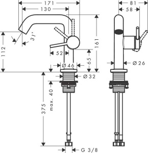 Смеситель для умывальника Hansgrohe Tecturis S 110 73320000 с донным клапаном