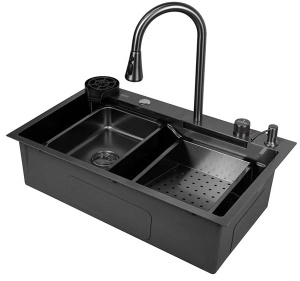 Кухонная мойка Arfeka AF 75 Black PVD Nano со смесителем, ринзером, двумя коландерами, разделочной доской и дозатором
