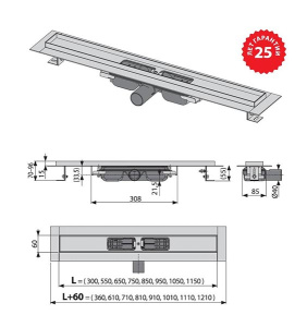 Душевой трап AlcaPlast Low APZ101 300 / 550 / 650 / 750 / 850 / 950 / 1050 / 1150, 30 см