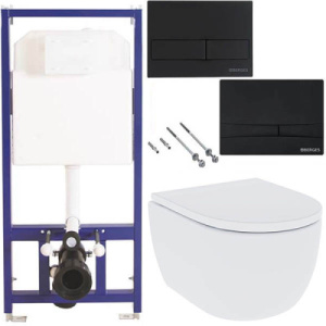 Комплект инсталляции Berges Novum 525 c черной кнопкой и унитазом Roxen Antares Tornado 530185-02 Rimless Soft Close, L5, черный матовый