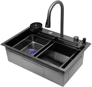 Кухонная мойка Arfeka Eco AR 68 Black PVD Nano со смесителем, ринзером, двумя коландерами, разделочной доской и дозатором