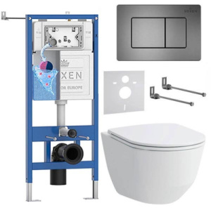 Комплект инсталляции Roxen StounFix Dual Fresh с удлиненными креплениями, аромадозатором, металлической кнопкой Steel и унитазом Laufen Pro Rimless, прямоугольные клавиши 420280G