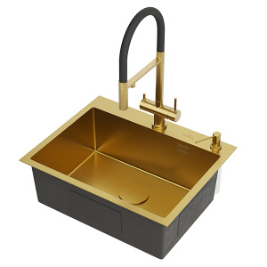 Кухонная мойка Roxen Simple 560220-60G PVD (gold) с коландером, дозатором и смесителем Rose R458G, 60х48, золото