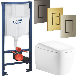 Комплект инсталляции Grohe Rapid SL 38772001 с брашированной кнопкой и подвесным унитазом Roxen Martin 530220-02, оружейная сталь